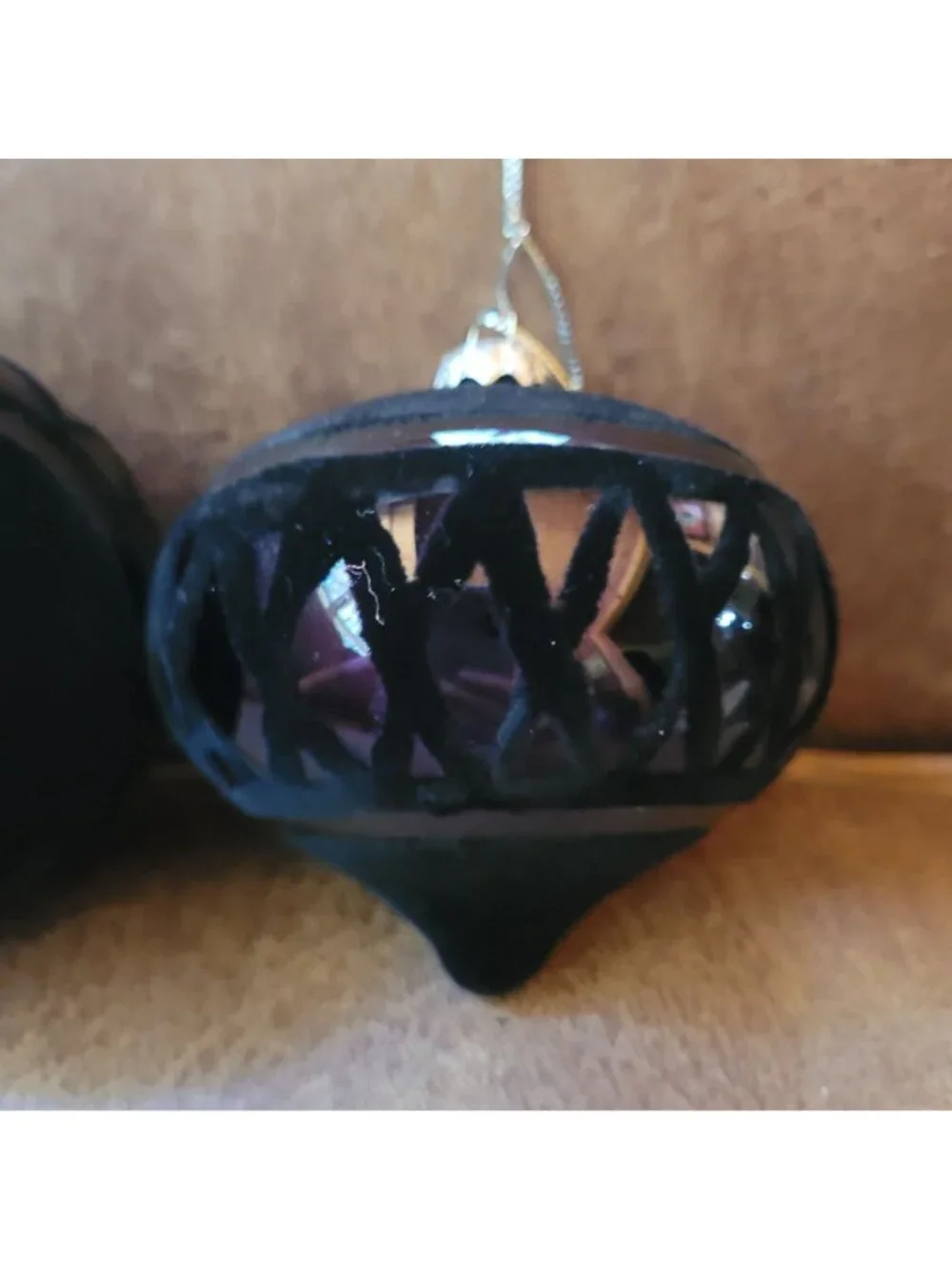 Ornaments Set 14 With Black Texture Velvet & Glitter Intricate Pattern Christmas